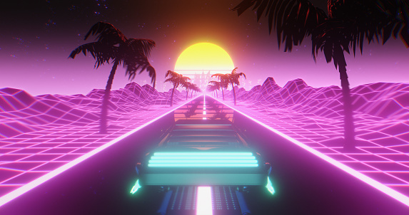 Futuristic car driving through a tropical retrowave landscape where the sun is setting over the city. The car is hovering above the road.