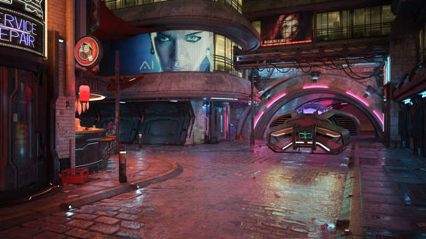 Flying car in futuristic cyberpunk city at night. 3D illustration. stock photo