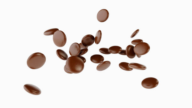 Flying falling Chocolate coated chocolate beans chocolate ball Chocolate Brown candy 3d illustration stock photo