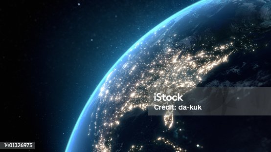 istock Flying over USA at night with city light illumination. View from space. 3D render 1401326975