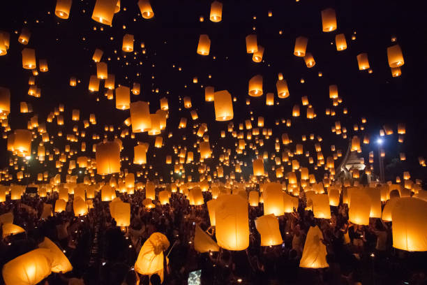 Flying sky lantern at Loy Krathong in Thailand stock photo