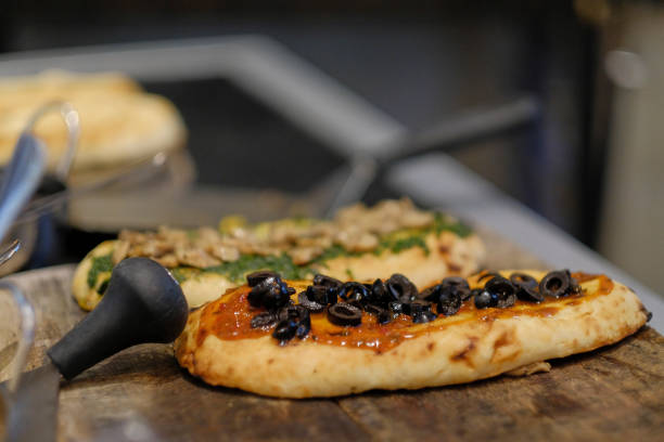 Focaccia with black olives. stock photo