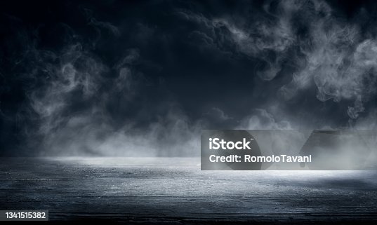 istock Fog In Black - Smoke And Mist On Wooden Table - Halloween Backdrop 1341515382