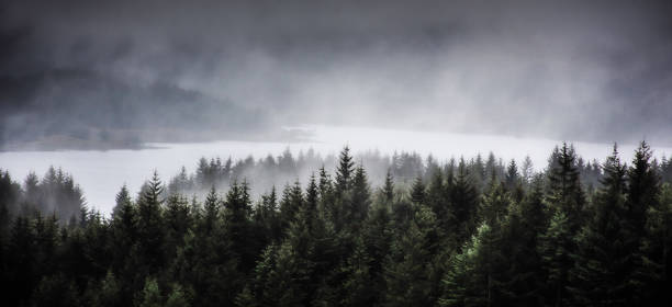 Fog over Loch Tulla in Scottish Highlands stock photo