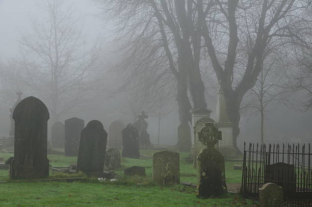 Foggy graveyard,Jersey.  cemetery stock pictures, royalty-free photos & images