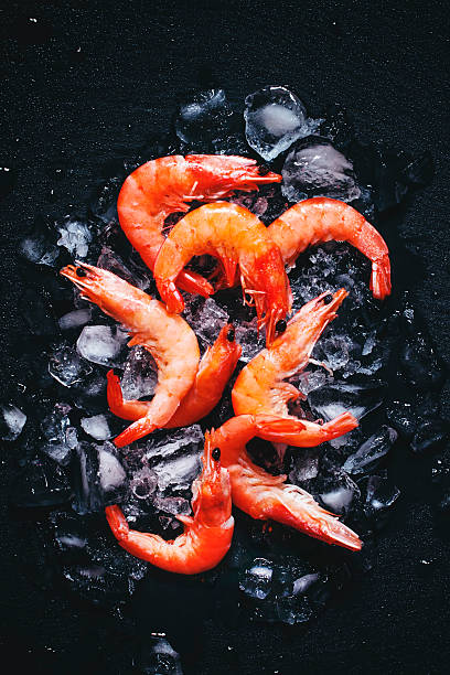 Food background, frozen cooked shrimp with ice Food background, frozen cooked shrimp with ice, black background, top view prawn seafood stock pictures, royalty-free photos & images