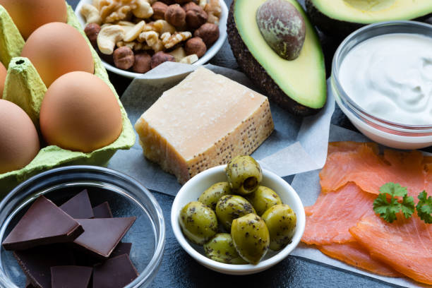 Food Background High in Healthy Fats This is a table top shot of food items high in healthy fats. Eating healthy fats can help with weight loss and are the cornerstone of a high-fat low-carb diet (Ketogenic or Keto diet). These include: smoked salmon, dark chocolate, eggs, parmesan cheese, mixed nuts (almonds, walnuts, hazelnuts and cashews), full-fat yogurt (Greek yogurt), green olives with herbs and two avocado halves. Not only are these foods high in fat, they are also high in vitamins and minerals which support a healthy lifestyle. fat nutrient stock pictures, royalty-free photos & images