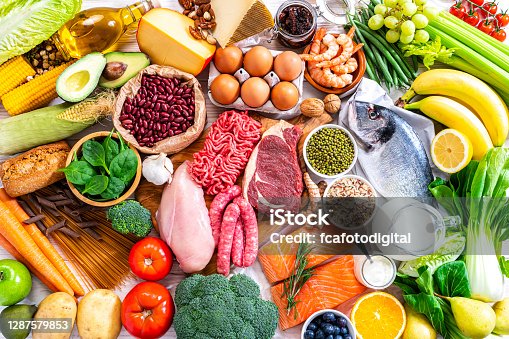 istock Food backgrounds: table filled with large variety of food shot from above 1287579853