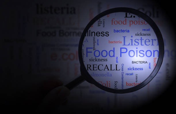 Food Poisoning and safety concept Food poisoning related terms, salmonella, e coli etc,  in a word cloud with inspection magnifying glass listeria stock pictures, royalty-free photos & images