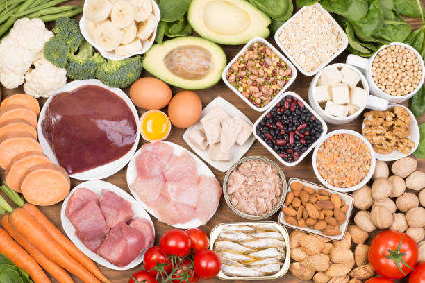 Food sources of biotin Vegetables, meat, fruit, beans and other food rich in biotin, also known as vitaminH or b7 liver offal photos stock pictures, royalty-free photos & images
