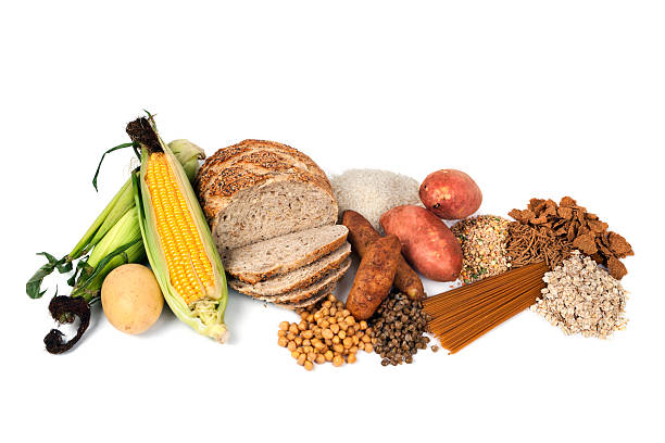 Food Sources of Complex Carbohydrates Food sources of complex carbohydrates, isolated on white background. 7 grain bread photos stock pictures, royalty-free photos & images