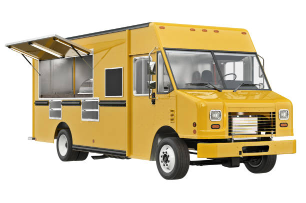 Food truck eatery Food truck eatery cafe on wheels. 3D rendering food truck stock pictures, royalty-free photos & images