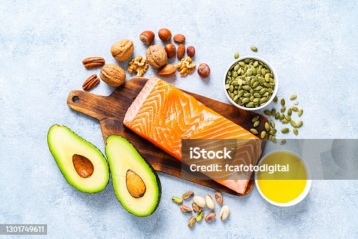 istock Food with high content of healthy fats. Overhead view. 1301749611