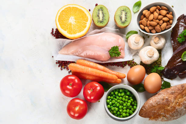 Foods High In Niacin -Vitamin B3 Foods High In Niacin -Vitamin B3 for brain and heart function, skin health,  treat diabetes, ensures the normal functioning of the nervous system.Top view with copy space liver offal photos stock pictures, royalty-free photos & images