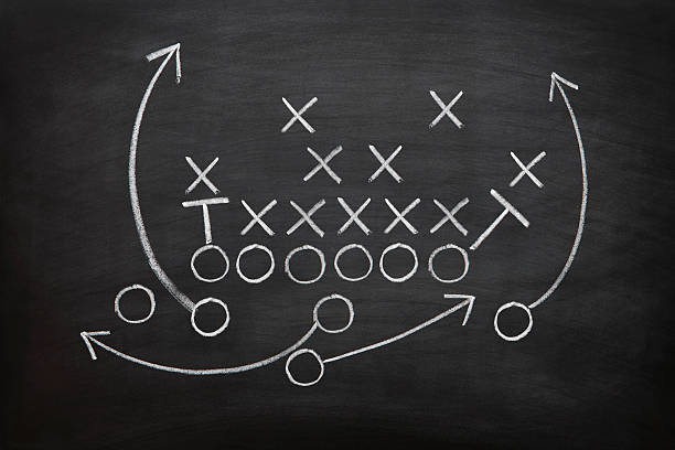Football game plan on blackboard with white chalk Football Coach chalk drawing photos stock pictures, royalty-free photos & images