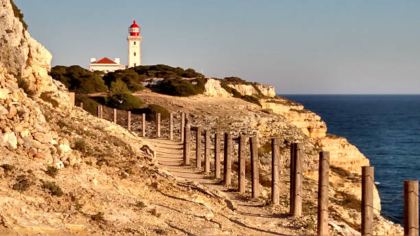 Footpath on Algarve Coast Faro de Alfanzina Lighthouse Carvoeiro Portugal stock photo