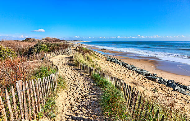 Footpath on the Atlantic Dune in Brittany Footpath between wooden fences on the Atlantic Dune in Brittany, in north-west of France. brittany france stock pictures, royalty-free photos & images