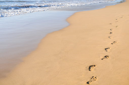 Path of footprints in ocean sand. Horizontal