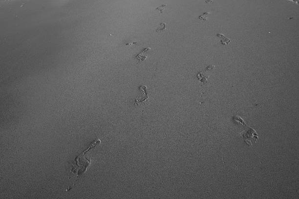 Footsteps in the sand of the Dubai-Oman desert Footsteps in the sand of the Dubai-Oman desert of 2 people aimlessly traversing the harsh climate to their destination. human feet buried in sand. summer beach stock pictures, royalty-free photos & images