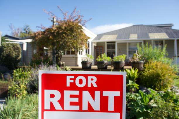 For Rent Sign Outside House stock photo