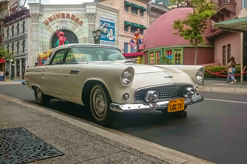 Singapore - May 25, 2019: Ford thunderbird 1957 in white color parked on the street. Right front side view