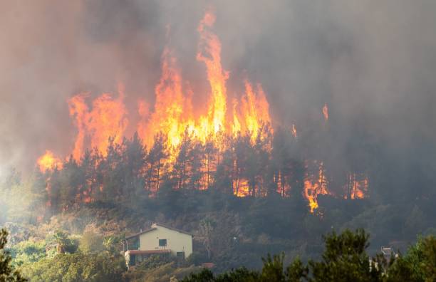 Forest fire in Hisaronu neighbourhood of Marmaris resort town in Turkey, on August 2, 2021 stock photo