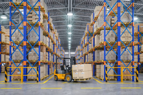 forklift truck in warehouse or storage and shelves with cardboard boxes. - forklift imagens e fotografias de stock