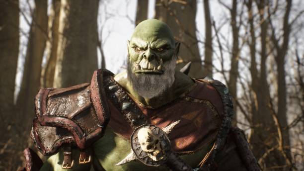 A formidable orc warrior runs through the sunny forest to battle enemies. Fantasy medieval concept. 3D Rendering. stock photo