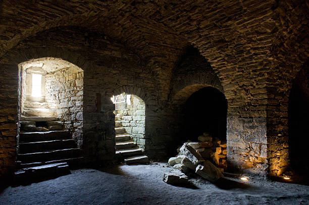 fortress built from limestone. maasi stone castle ruins, estonia, europe - old stone stair stockfoto's en -beelden