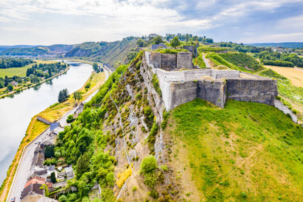 Fortress of Charlemont protects Givet town on the Belgian border and dominates Meuse river as it bends. Citadel, surrounded by outworks. Ardennes department in northern France stock photo