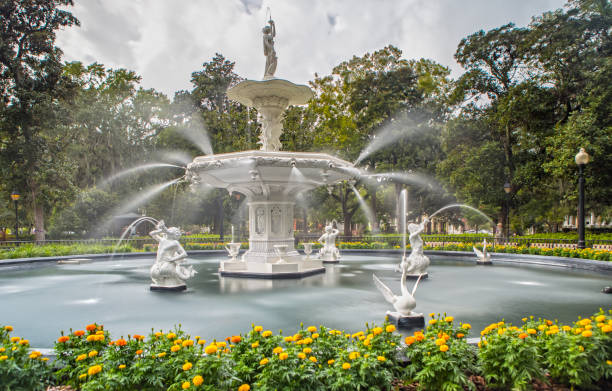 Fountain at the Forsyth Park in Savannah, GA stock photo