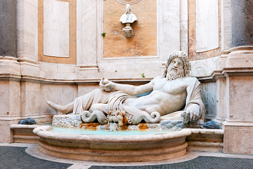 Fountain of River God Marforio, or Ocean, in the courtyard of Capitoline Museum, Rome