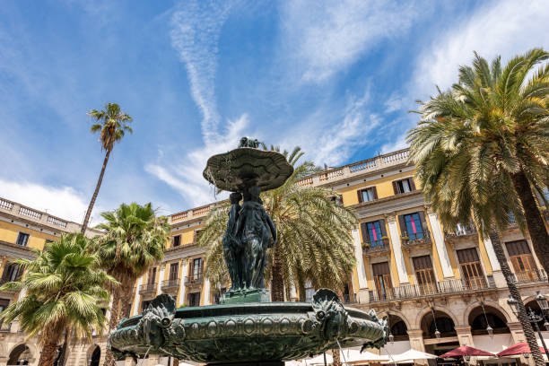 Fountain of the Three Graces In Placa Reial - Barcelona Catalonia Spain stock photo