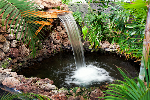 Fountain in green garden with walkway in Thailand