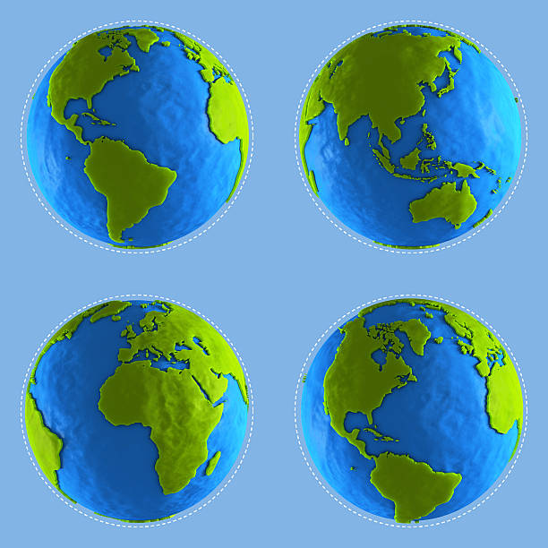 Four clay globe showing different continents stock photo