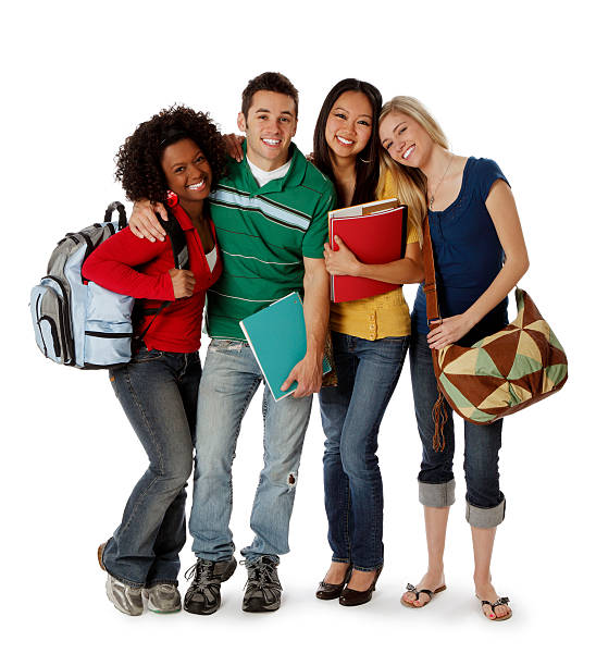 four college students smiling on white - hogeschool rood samen stockfoto's en -beelden