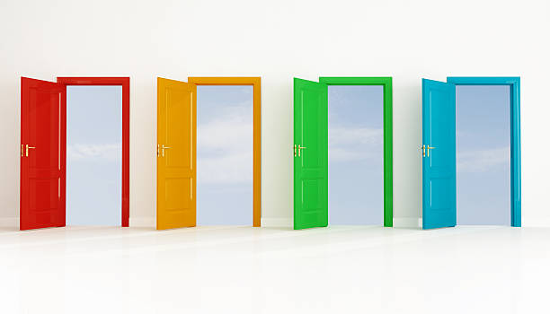 Four colored open door stock photo