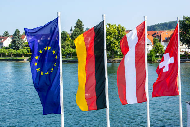 Four flags, Europe, Germany, Austria and Switzerland