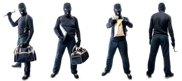 Four full-length portraits of a thief in a mask isolated Four full-length portraits of a thief in a mask isolated ski mask criminal stock pictures, royalty-free photos & images