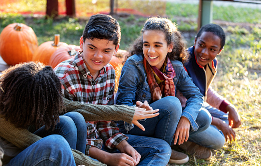 A multi-ethnic group of four pre-adolescent children sitting together on the ground on a sunny autumn day smiling and conversing. They are at a farmers market to buy pumpkins for halloween. The African-American boy on the right is 11 years old and his friends are 12 years old.