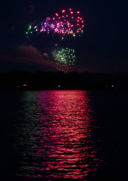 Fourth of July Fireworks over water in Lake Huron, 2020 stock photo