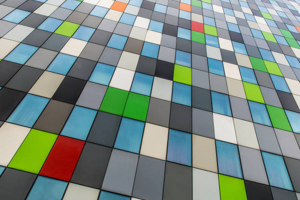 Fragment of a multi colored glass facade stock photo