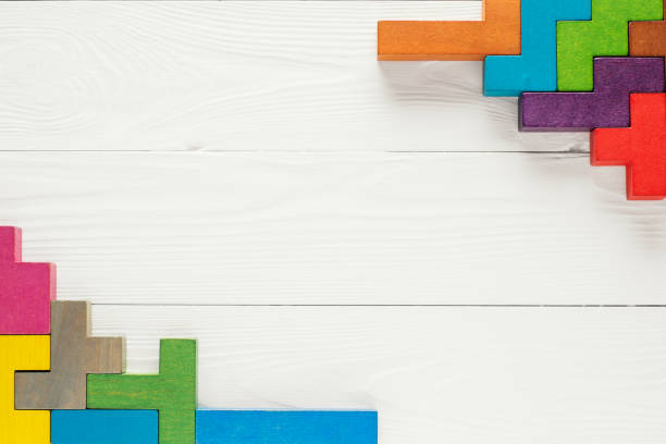 Frame with different colorful shapes wooden blocks stock photo
