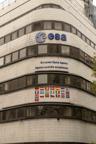 France, Paris, 2019 - 04, European Space Agency. ESA's space flight programme includes human spaceflight ,the launch and operation of unmanned exploration missions to other planets and the Moon;  Earth observation, science and telecommunication. France, Paris, 2019 - 04 The European Space Agency  an intergovernmental organisation of 22 member states dedicated to the exploration of space. Established in 1975 and headquartered in Paris, France, ariane stock pictures, royalty-free photos & images