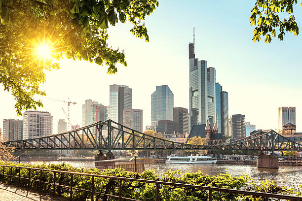 Frankfurt skyline with evening sun Skyline of Frankfurt am Main with evening sun hesse germany stock pictures, royalty-free photos & images