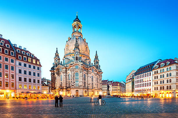 Frauenkirche at dusk - Dresden, Germany The Dresdner Frauenkirche (literally Church of Our Lady) is a Lutheran church in Dresden, Germany. dresden germany stock pictures, royalty-free photos & images