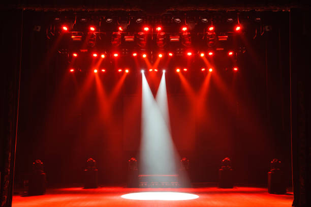 Free stage with lights, lighting devices on the consert. stock photo