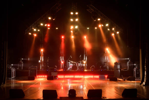 Free stage with lights, lighting devices. stock photo