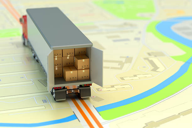 Freight transportation, packages shipment, shipping, logistics and business concept stock photo
