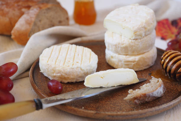 French goat cheese, honey, red grape and bread stock photo
